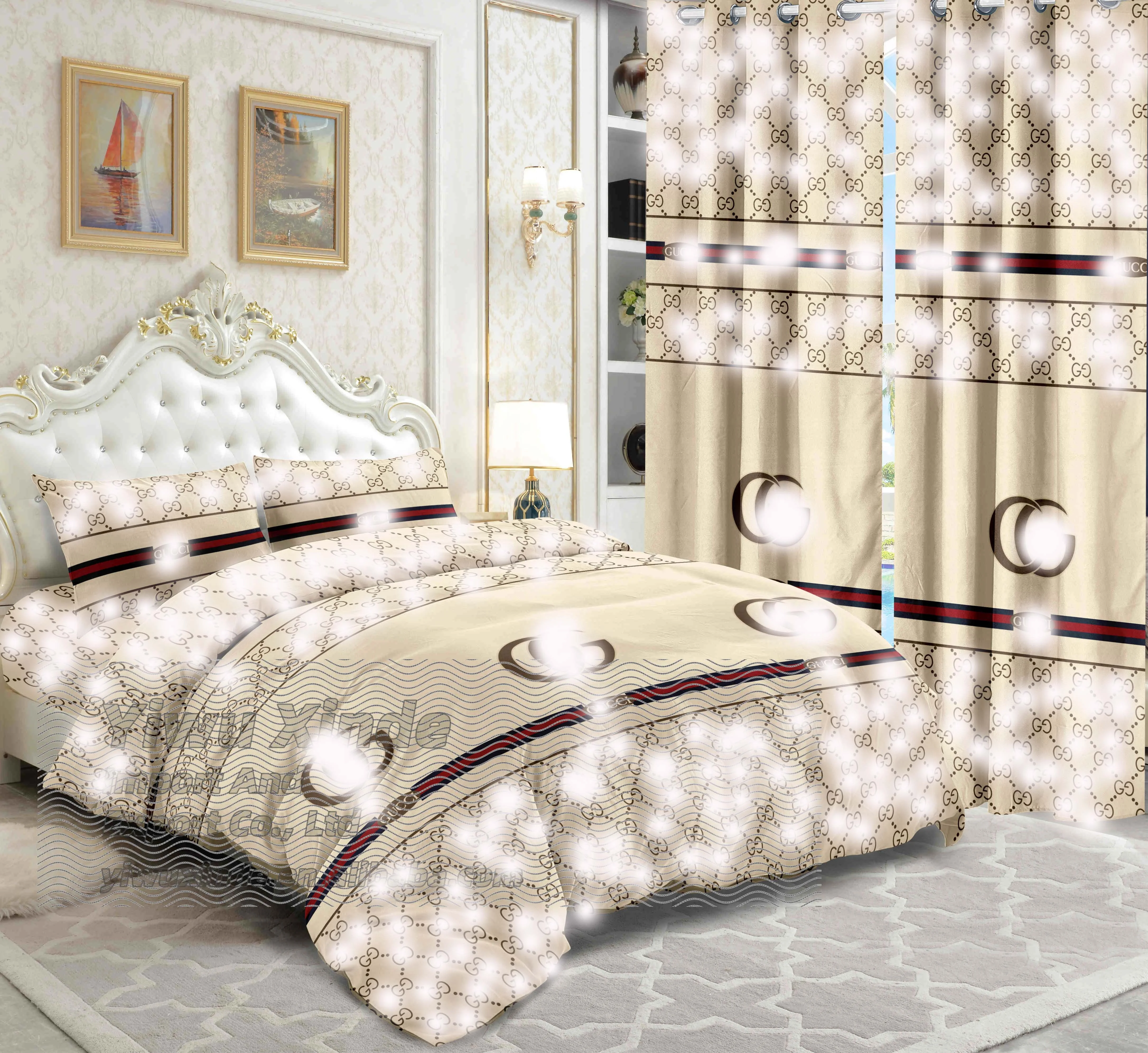 Customize Cotton 6pcs Designer Bedding Set With Matching Curtain Ready