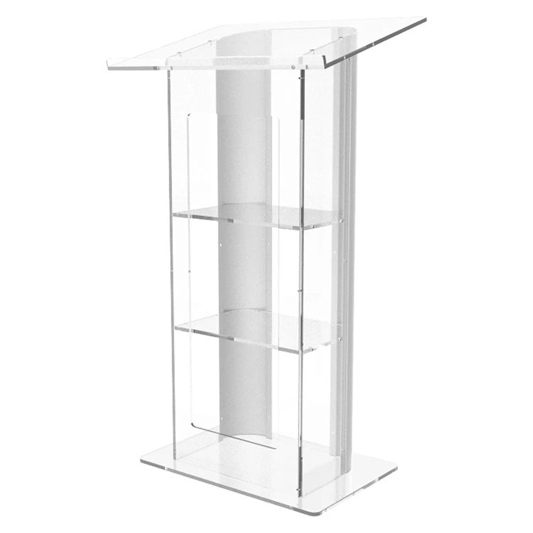 Modern Clear Plexiglass Acrylic Lectern Curved Brushed Stainless Steel Sides Pulpit Acrylic Podium Stand for Church School Hotel