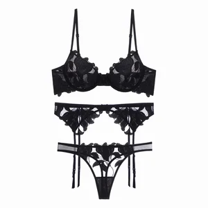JENGS Women's Ultra-Thin Steel Ring Bra Set New Model Sexy Underwear Deep V Three-Dimensional Embroidery Mesh Lace Decoration