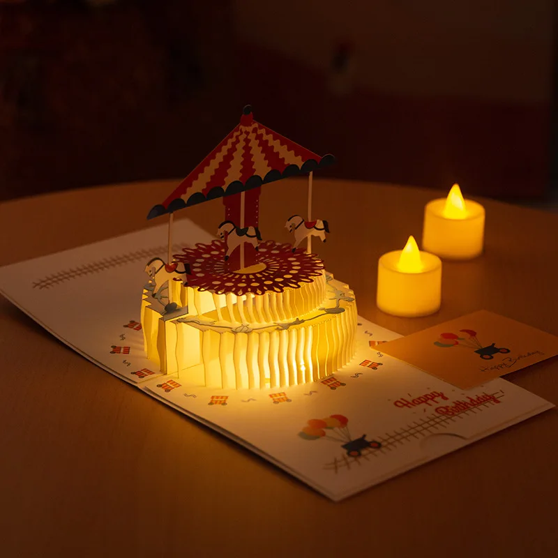 DAMAI Carousel 3D Pop Happy Birthday Paper Cake Greeting Card Sound Light Invitations for Boys Girls