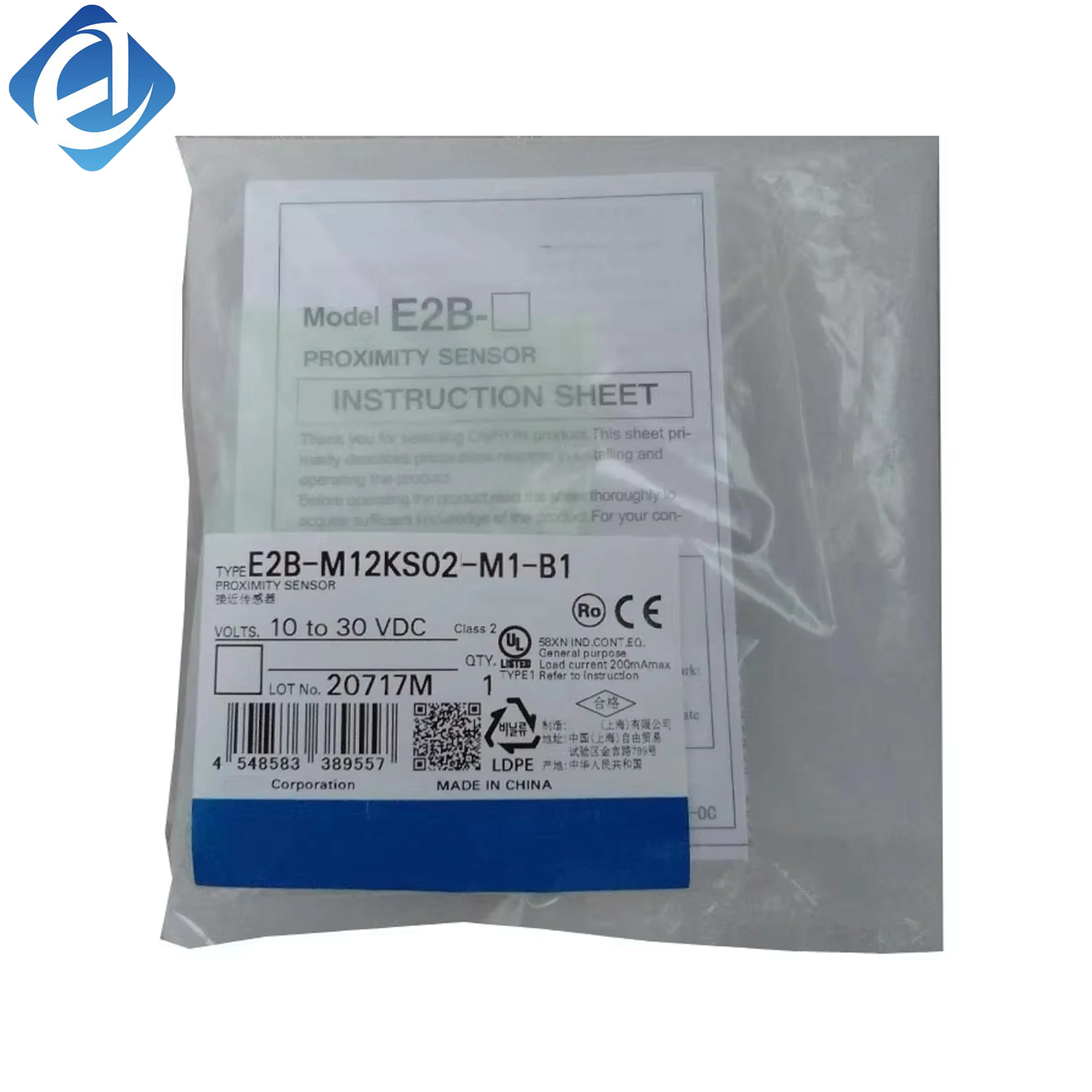 مستشعر تقارب حثي أصلي جديد من سلسلة Omron E2B، الموديل E2B-M12KS02-M1-B1، يُستخدم لكشف الأجسام المعدنية وتحديد الحدود الموضعية وحساب قطع العمل في مجال الأتمتة الصناعية.