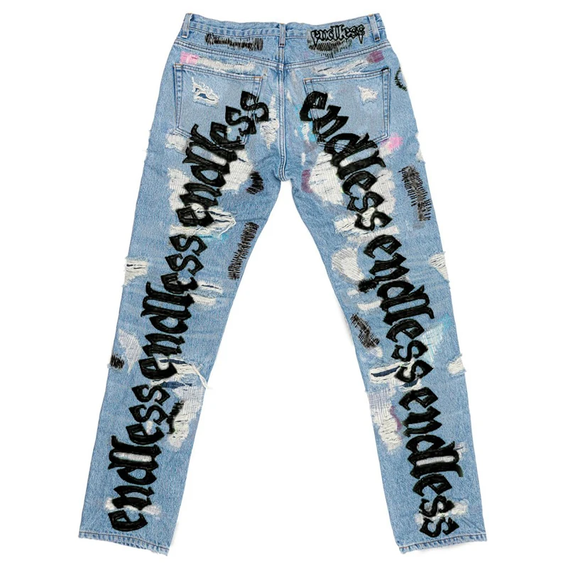 Custom baggy hombre pantalones hip hop caballero sueltos Brand boot cut Embroidered Style Men Jeans Ripped Damage Pants
