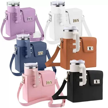 Stylish Vintage 40oz Tumbler Water Bottle Organizer Multifunctional PU Leather Women Crossbody Holder Carrier Waterproof Letter