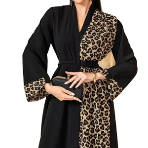 Leopard Print Color-block Deep V Cardigan Jacket with Belt Long Plus Size Women's Long-sleeve Dress