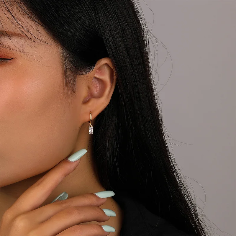 Daidan Gold Plated Earrings Hoops Simple Silver Baguette Colored Hoop 925 Sterling Silver Drop Cubic Zirconia Earrings