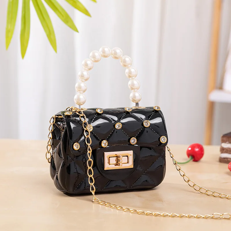 Cute Princess Handbags Shoulder Bag for Toddler Little Girl Crossbody Mini Diamond jelly Purse with Pearls Handle Alibaba