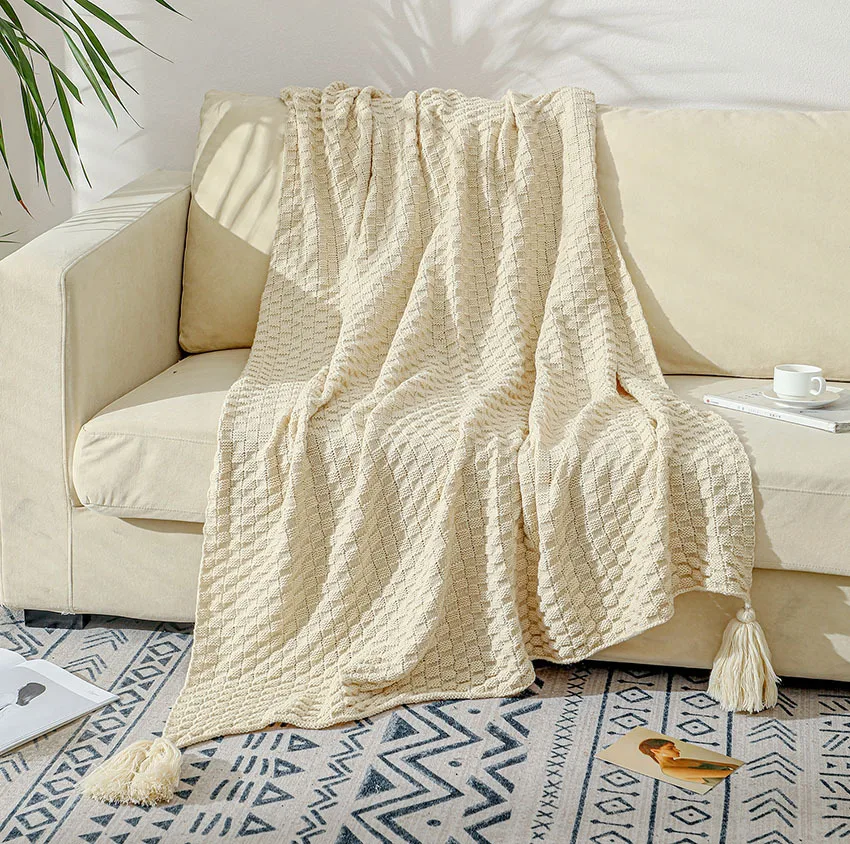 Nordic Style Tassel Knitted Sofa Blanket for Office Solid Checkered Throw