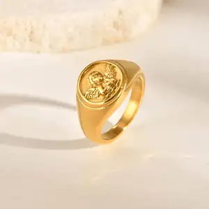 Ins Style Personality Design 18k Gold Plated Stainless Steel Chunky Ring Angel Little Boy Embossed Rings Jewelry Women