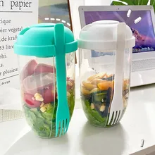 Wholesale Thickened Plastic 700ml 1000ml Fruit Vegetables Salad Container Shaker Tools Cups Bottles With Fork