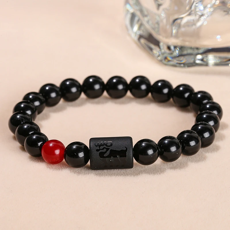 Bracciale con Perle a Secchiello in Ossidiana Nera Naturale con Cristalli dell'Amicizia, 12 Costellazioni: Ariete, Toro, Gemelli, Cancro, Vergine, Leone, Bilancia