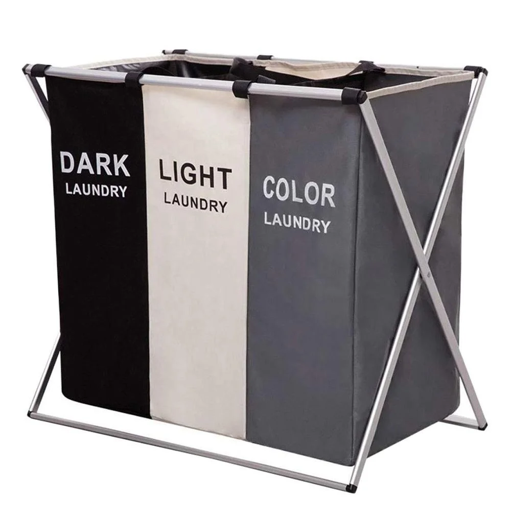Large Triple Oxford Dirty Clothes Laundry Basket Hamper Tote Bag With Three Sections