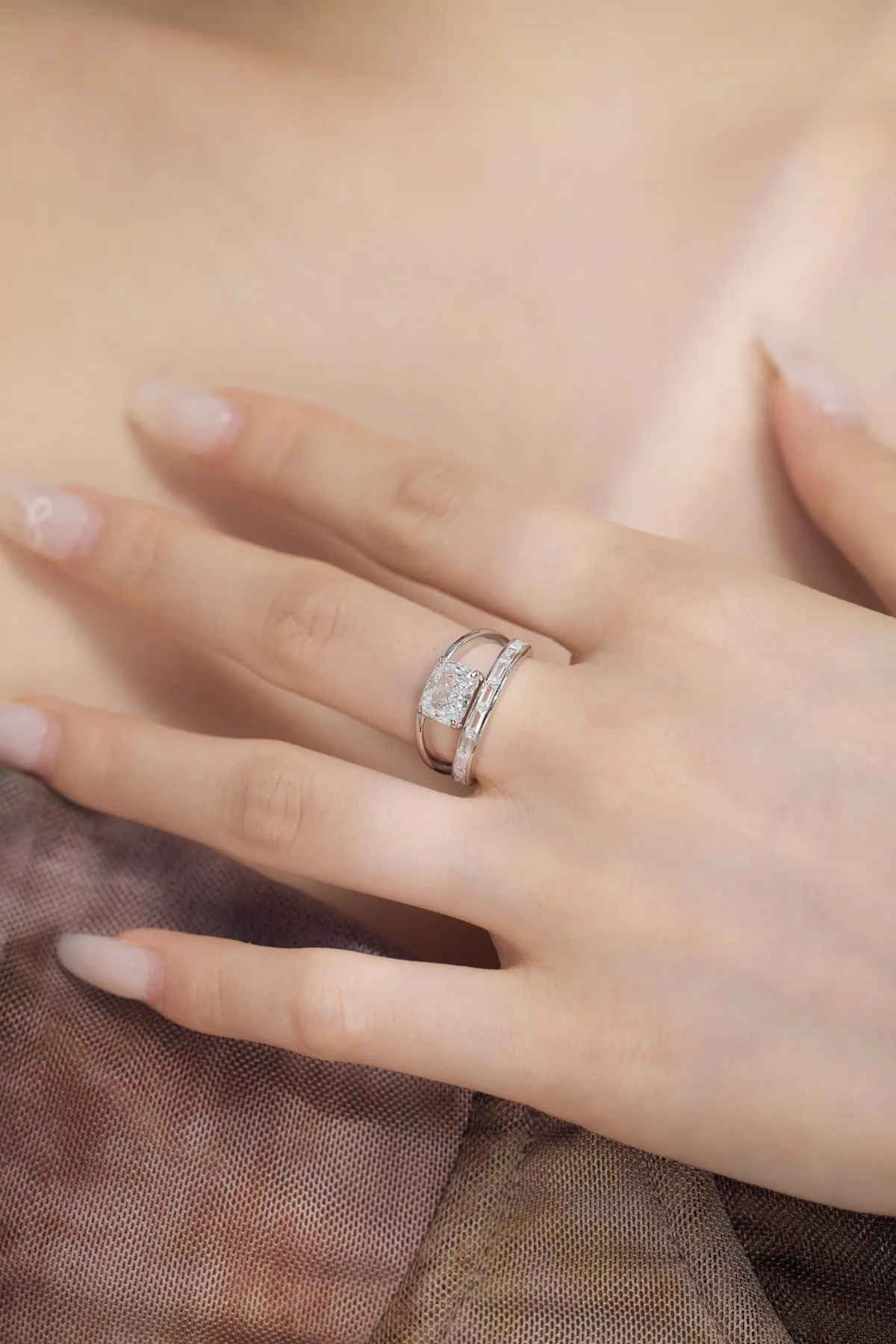 KAKODIY New Design Long Stick CZ Zirconia Eternity Matching Ring 925 Sterling Silver Square Double Layer Wedding Ring Jewelry for Women detail 3