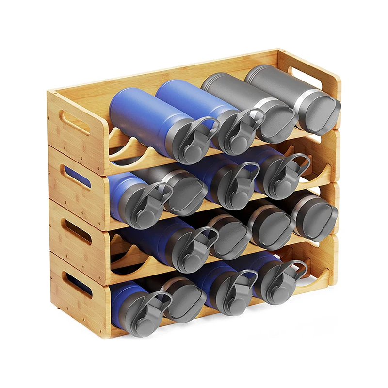 Kitchen Pantry Water Bottle Storage Rack Bamboo Water Bottle Organizer with Labels for Cabinets