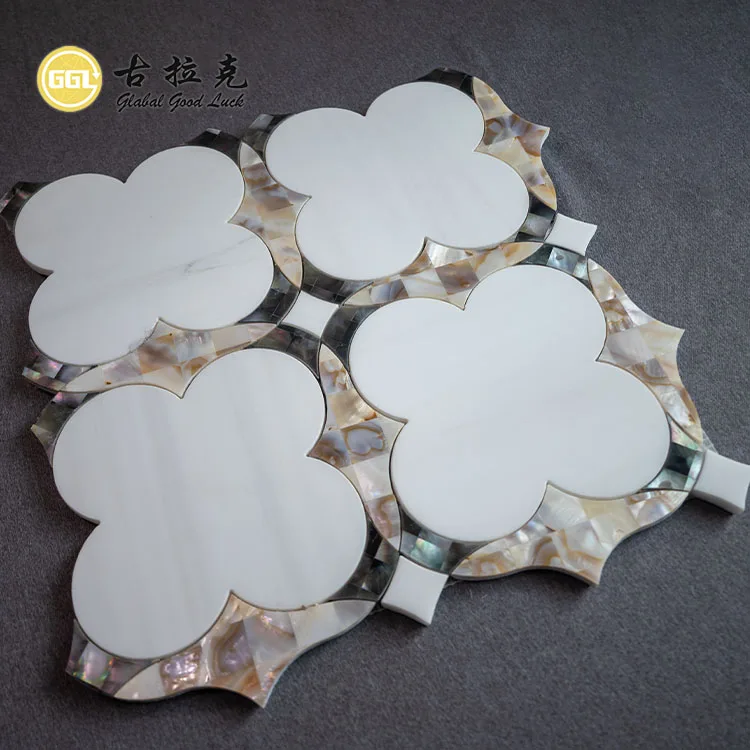 Factory Thassos White Marble Mixed Mother of Pearl Shell Waterjet Mosaic Tile for Kitchen Backsplash Bathroom Decor details