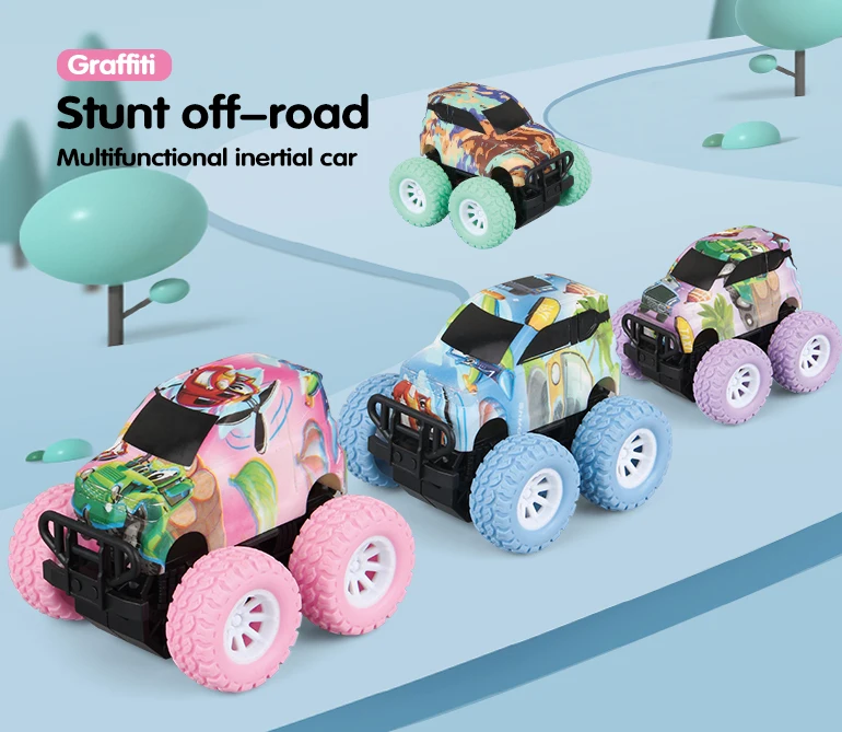 Cartoon graffiti inertia climbing off-road vehicle 360 stunt rotating car toy friction power vehicle toys mini friction toy car