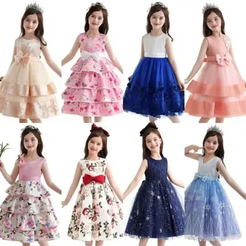 Children Girl Elegant Evening Dress Gauze Sequin Bow Flower Girls Cake Dress Toddler Baby Girls Party Bubble Dresses