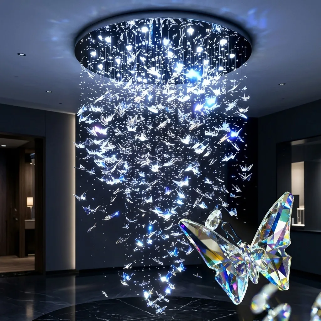Lampu Gantung Tangga Rama-rama Kristal, Lampu Hiasan untuk Siling Tinggi, LED Tiga Warna, Dibuat Khas dan Boleh Diputar untuk Lobbi Hotel dan Villa