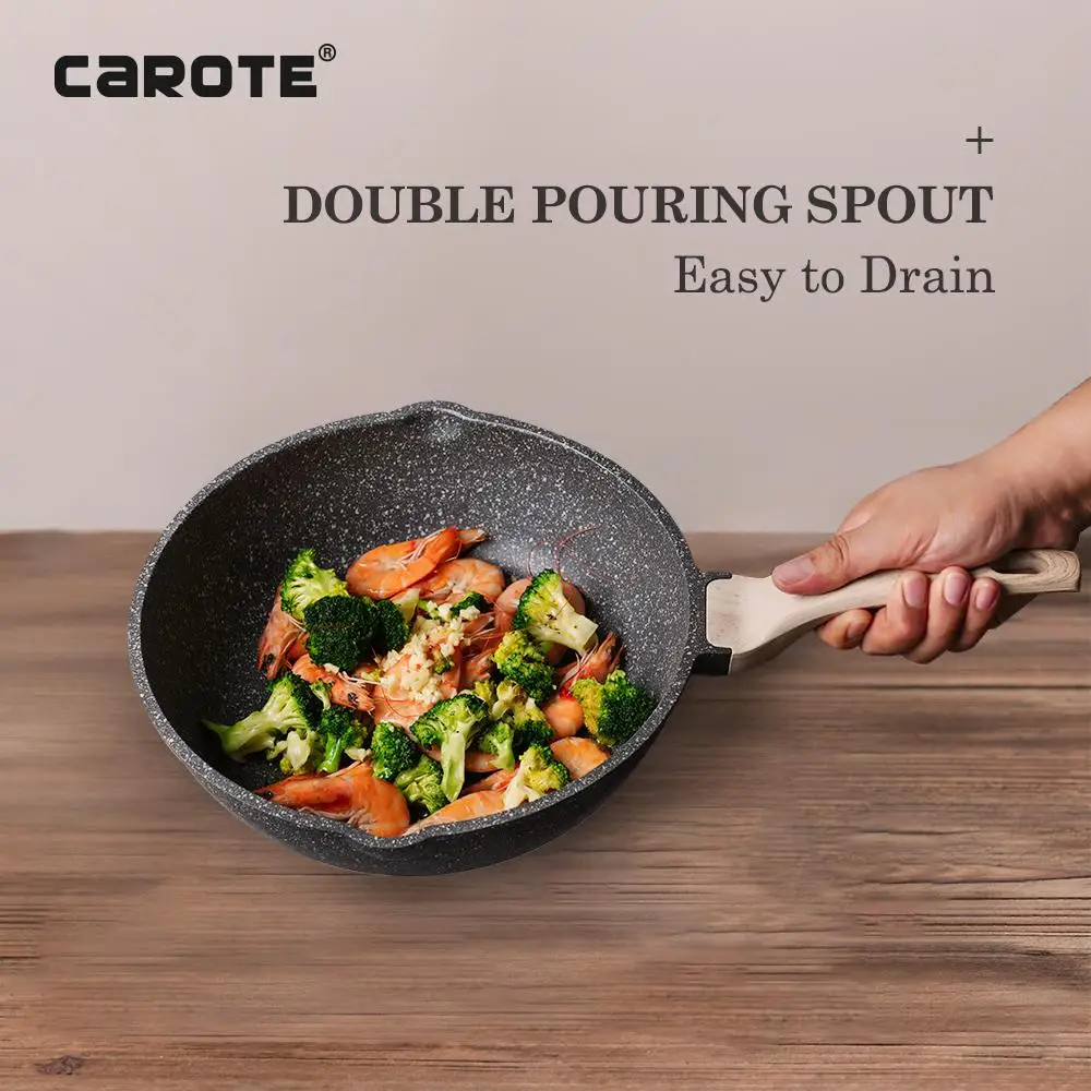 Carote 30Cm Cast Aluminum Pan Kitchen Utensils Fry Pan Non Stick Cookware  Marble Coating Deep Frying Pan With Lid