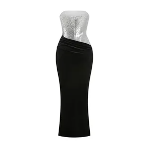 Bettergirl High-quality New 2026 Sequin Velvet High Slit Pleated Black Long Dress Sexy Fashion Elegant Party Evening Dress