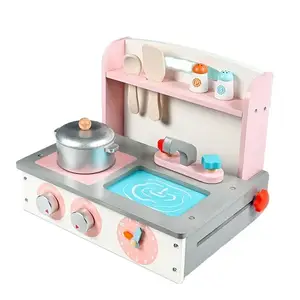 Portable Mini Wooden Kitchen Toy Set with Stove and Pots for Kids Pretend Play Cooking Simulation Fun Early Learning Toy