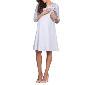 Pale Blue Lace Maternity Nursing Dress Sexy Soft Fitted Breastfeeding Midi Dress