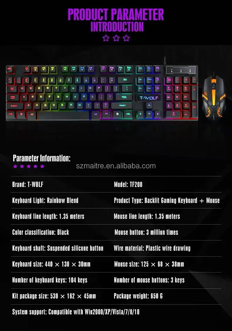 Wholesale Gamers Combo Set TF200 Glowing Cool Keyboard Mouse Combos Pudding Keycaps Clav aperçu 6