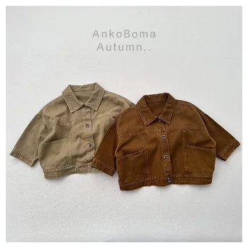Japanese Korean Style Spring and Autumn New Arrival Baby Coat Washed Cotton Cardigan Short Vintage Unisex Boys Jacket