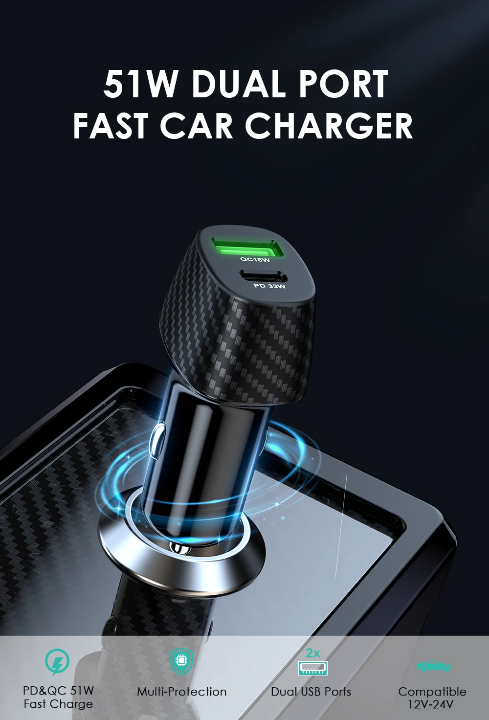 Phone 51w Fast Charging Car Charger Dual Usb Type C Pd Qc Car Charger Buy Car Charger