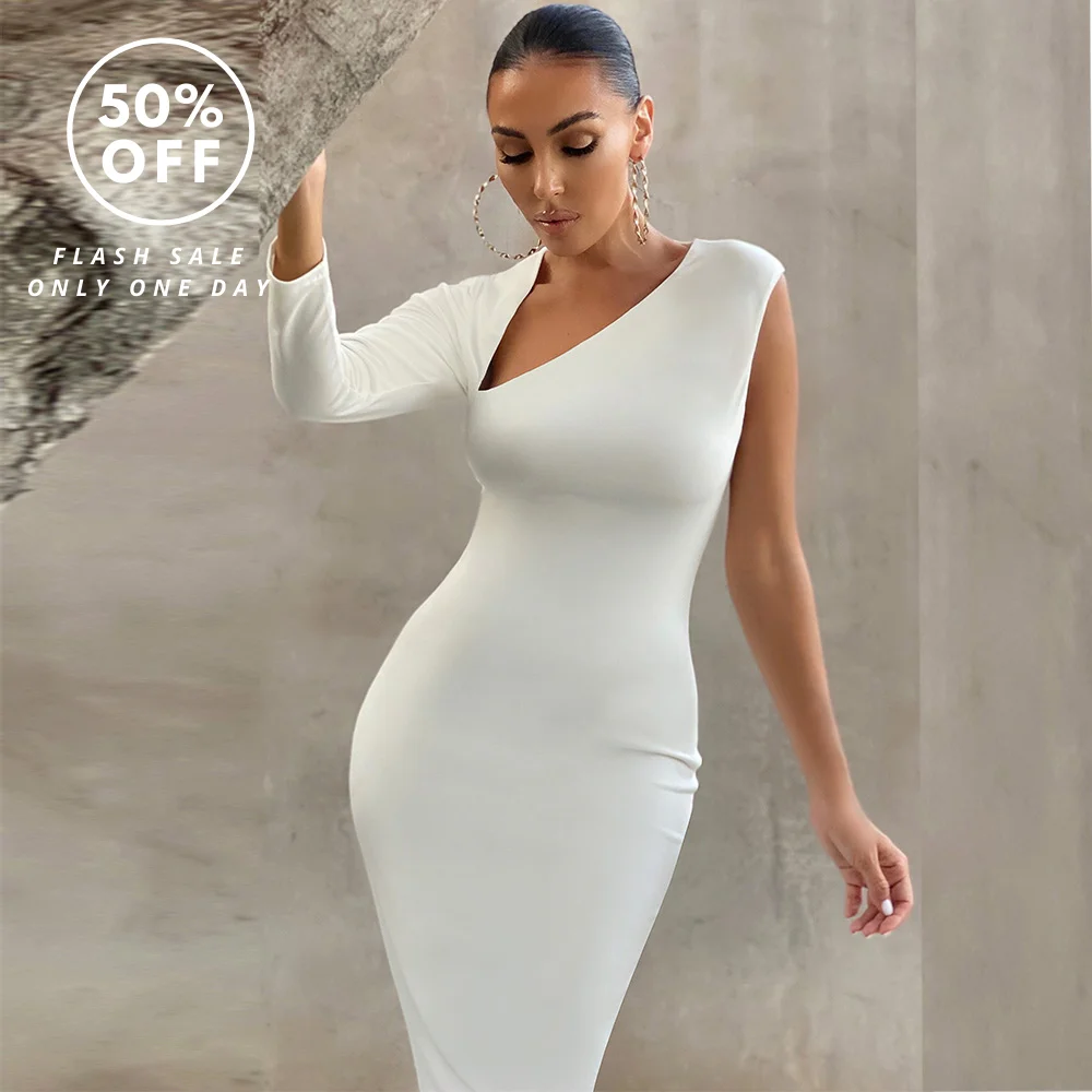 knee length dresses for ladies SONIA White V Neck Midi Bandage Dress by Honey Couture main image 0