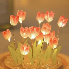 Artificial Tulip Flower Night Light Handmade DIY Bedside Lamp LED Night Lamp Bedroom Decor Christmas Birthday Gifts Table Lamp