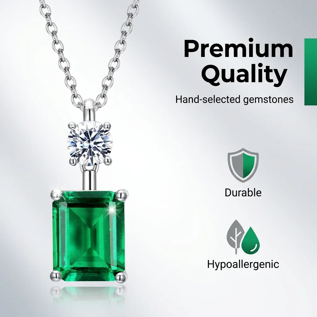 925 Silver Lab Grown Emerald Cut Green Gemstone Pendant with Lab Grown Diamond Pave Bar Luxury Gift for Women