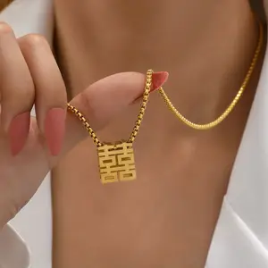 New Style National Trendy Classic Type Character Stainless Steel Box Chain Simple Chinese Style Hollow Double Pendant Necklace