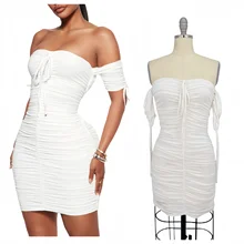 White Bodycon Dress Summer Sexy Women Ruched Elegant Off-shoulder Drawstring Knitted Mini Dress for Lady