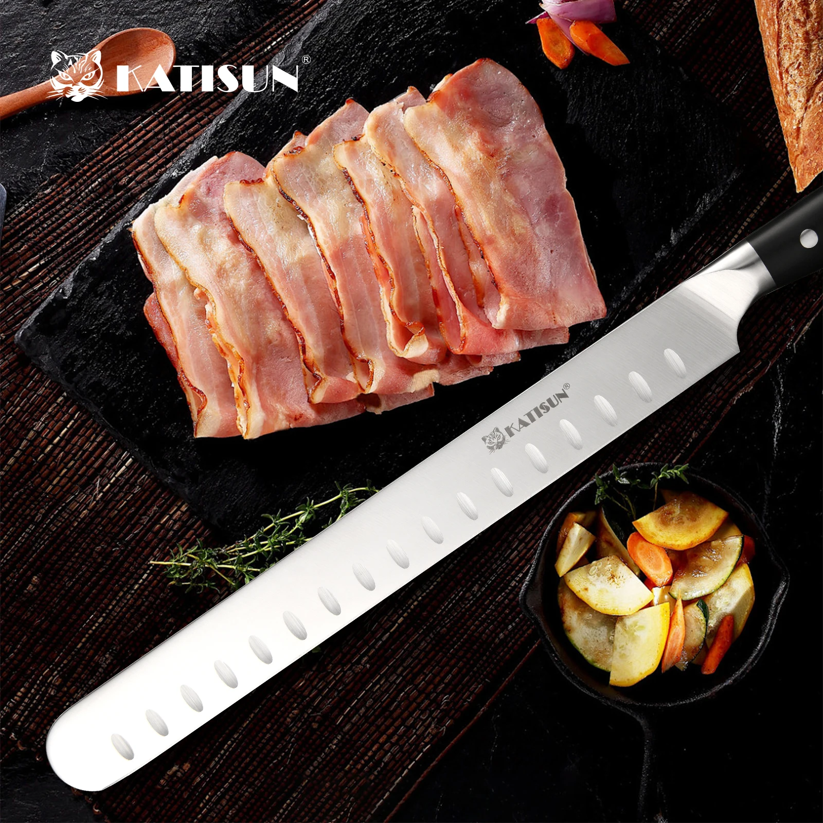 Faca de corte de carne longa premium com lâmina de aço carbono, ideal para fatiar presunto, com cabo ergonômico._voghion.com