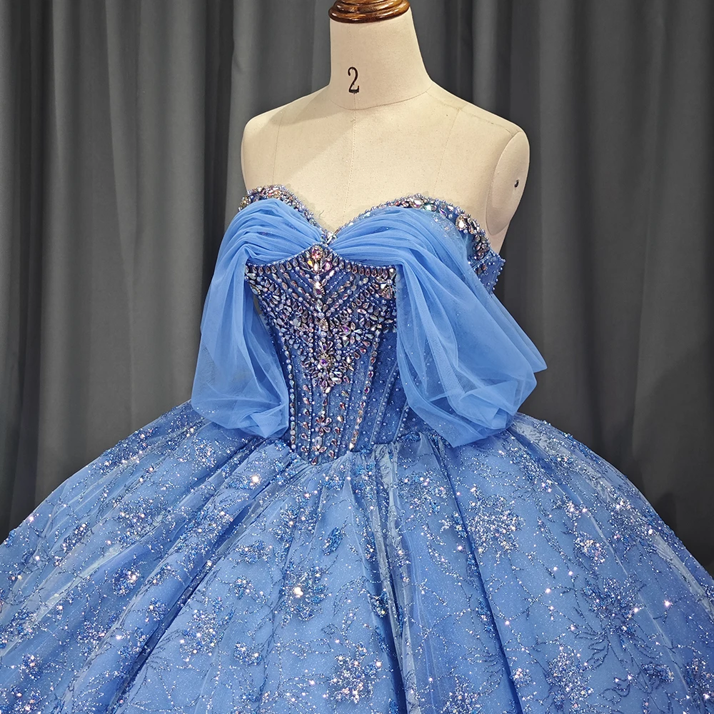 Bling Blue off-Shoulder Beaded Bodice Lace Floral Applique Layered Tulle  Tiered Train Ball Gown 1230