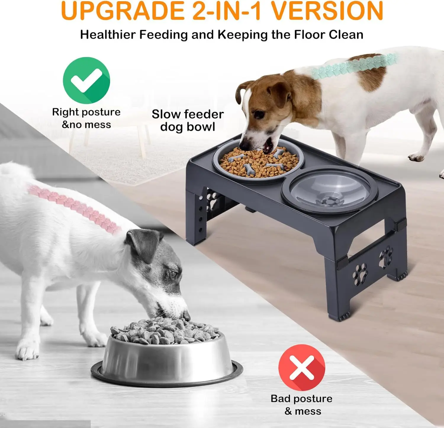 Elevated Dog Bowls - Height Adjustable Raised Slow Feeder w/ No