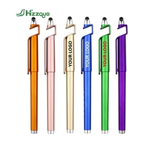 Promotional 3-in-1 Custom Logo Mobile Holder Soft Touch Screen Pen Stylus Multi-Function Gel Pens Black Ink 0.5mm Tip Plastic
