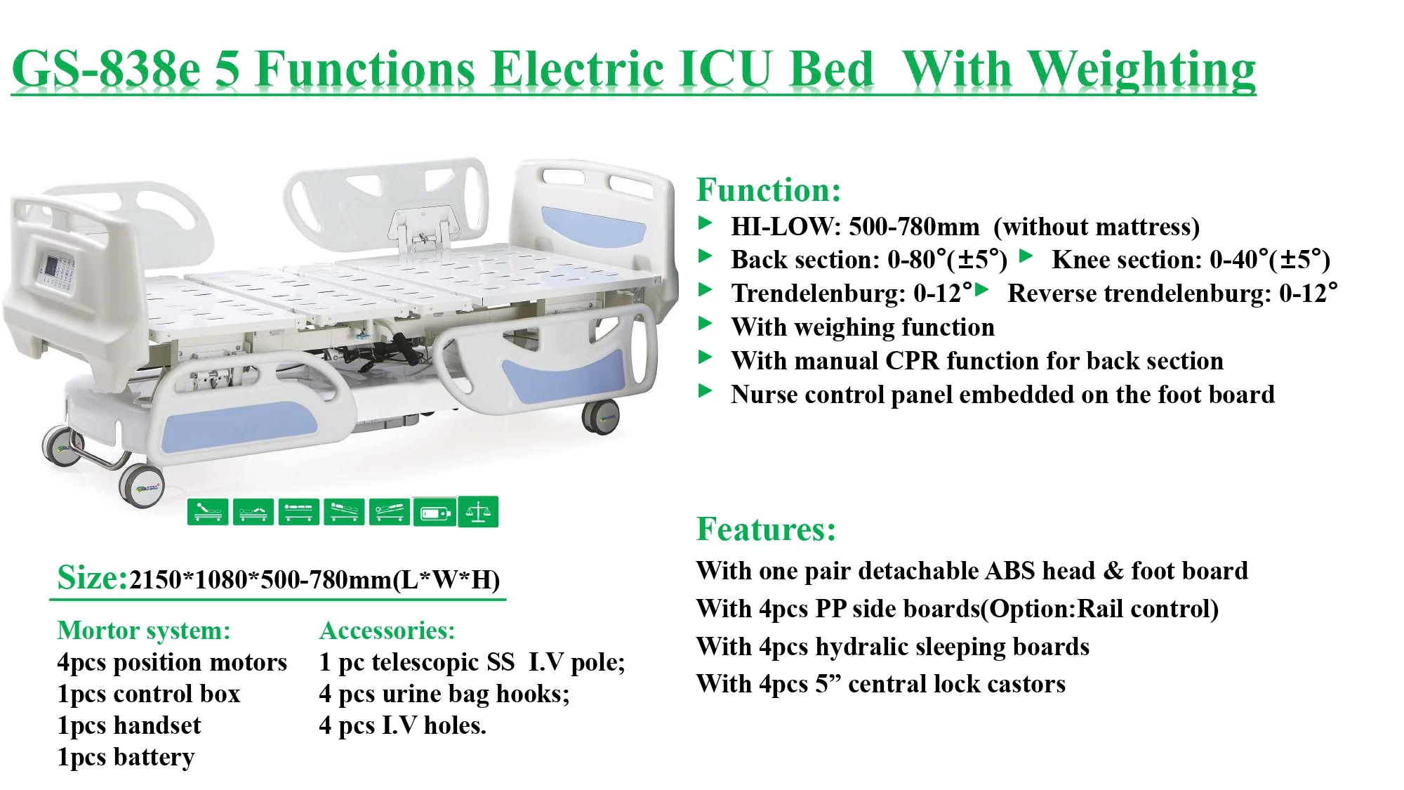 China Multifunction Icu Electric Intensive Care Hospital Bed Weight