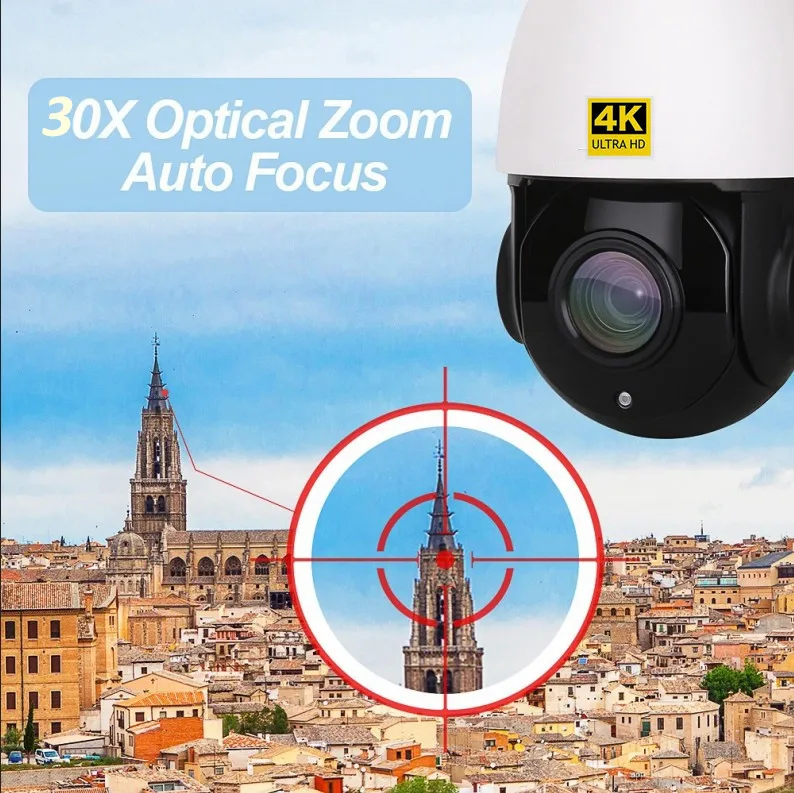Real 8MP 4K PTZ 30X ZOOM Auto-Iris Pan Tilt Outdoor CCTV Speed Dome IP  Camera IR Night Vision 80-100M