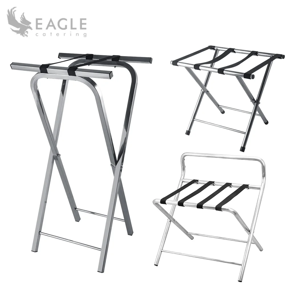 Hotel Supplies High Back Folding Luggage Rack Brush Finish Stainless Steel With Black Nylon