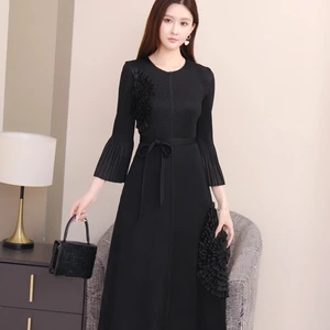 Elegant Black Pleated Sleeve Dress Women's Midi Length Belted Bodycon Dress Formal Work Event Occasion Dresses Bulk
