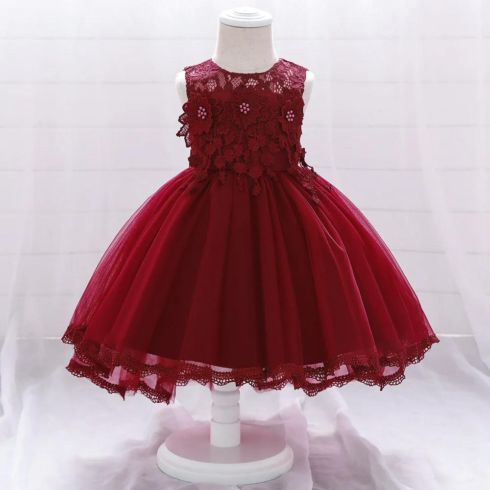 Western Style Summer Kid Red Birthday Party Dress  Pageant Flower Girl Wedding Dress Puffy Princess Long Tail  Dress  for 10 Y