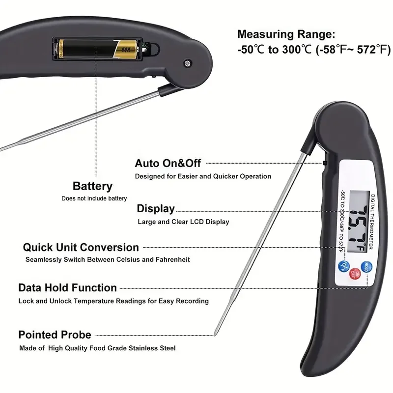 Foldable Kitchen Food Temperature Probe Digital Meat Thermometer for Outdoor Cooking BBQ and Grill