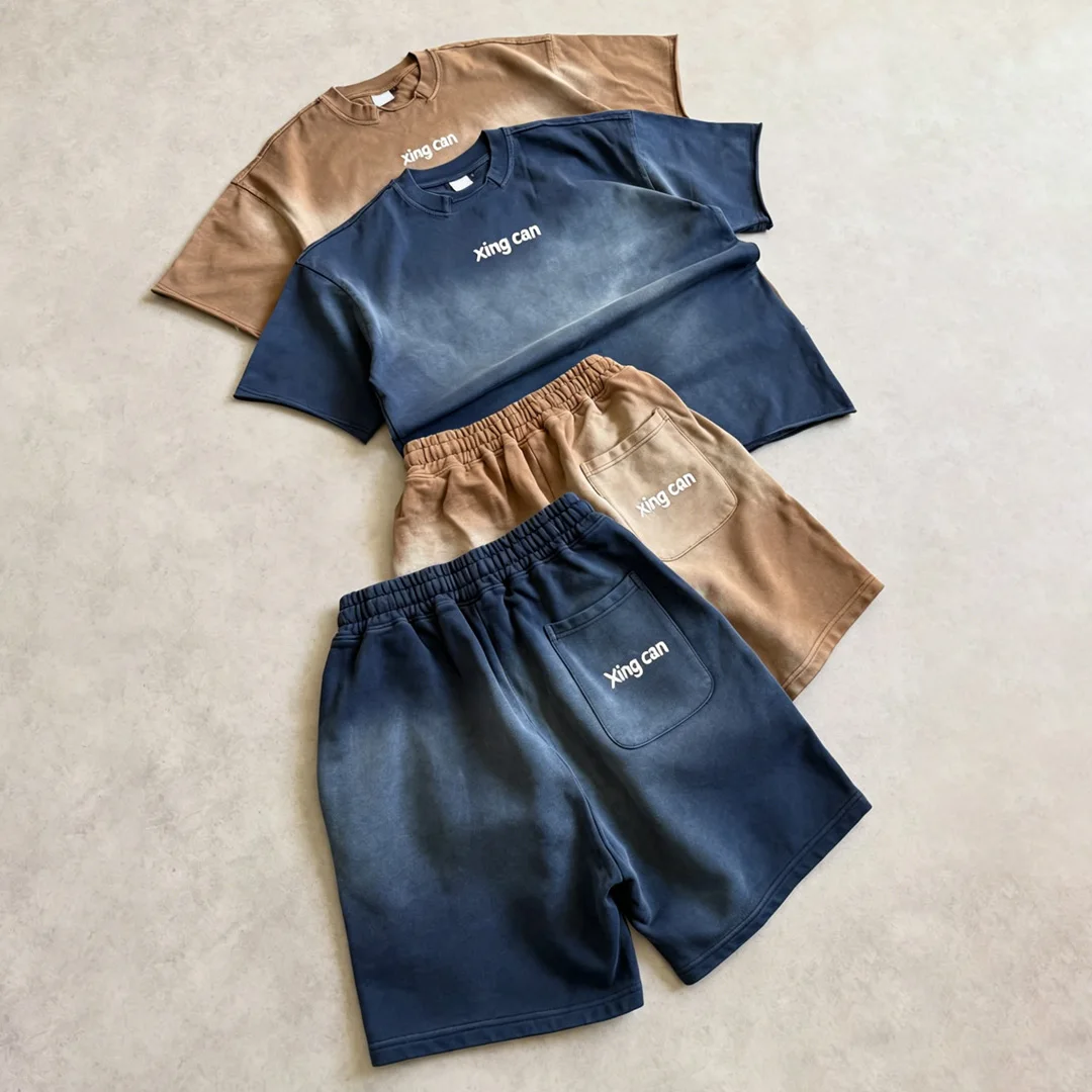 Zestaw męski w stylu vintage z kwasowym wybielaniem i własnym logiem: T-shirt i krótkie spodenki sportowe w stylu streetwear