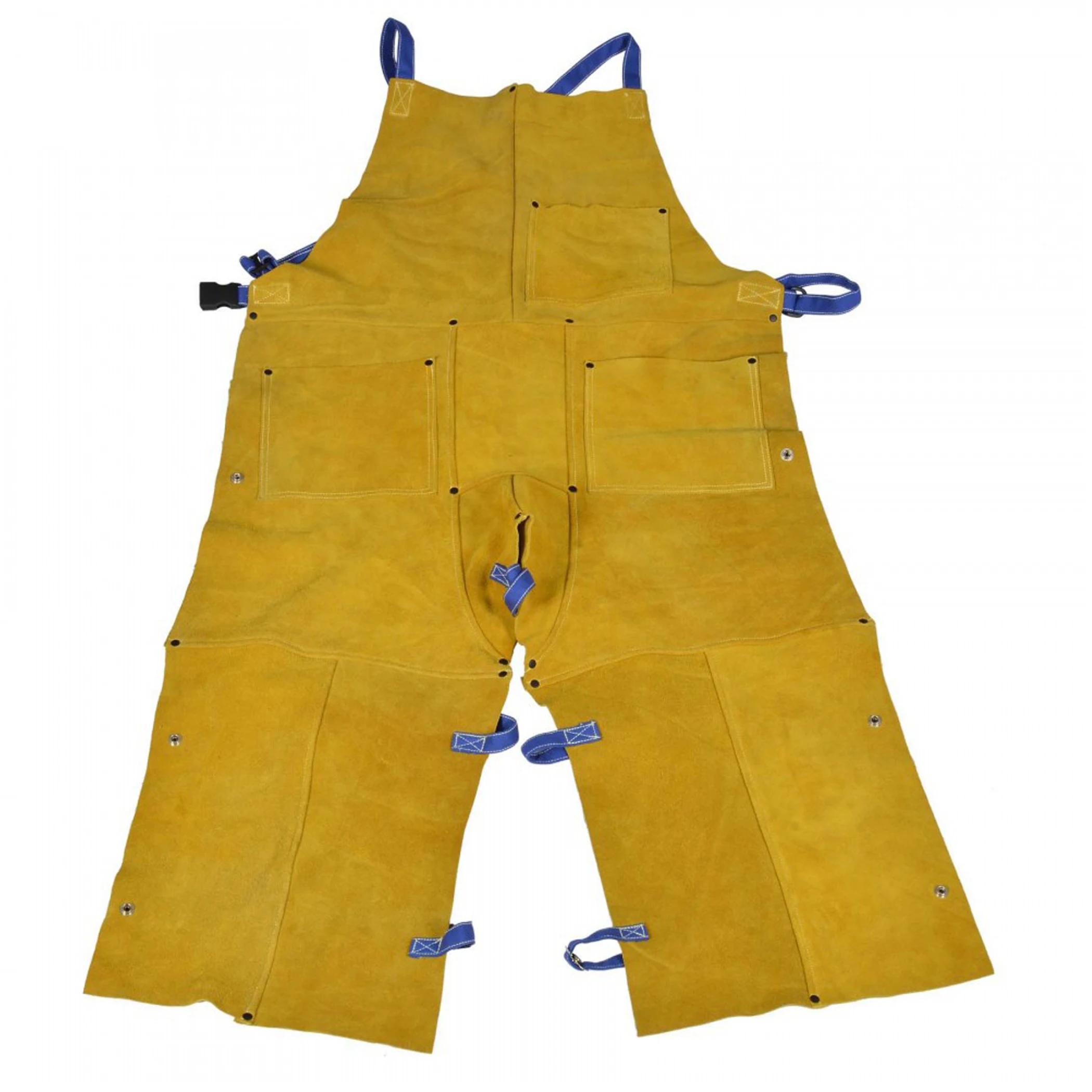 WELDING BIB APRON WITH FULL LEG/ MADE of GOLDEN COLOR DRY CLEANABLE & FR COWHIDE SPLIT SUEDE LEATHER