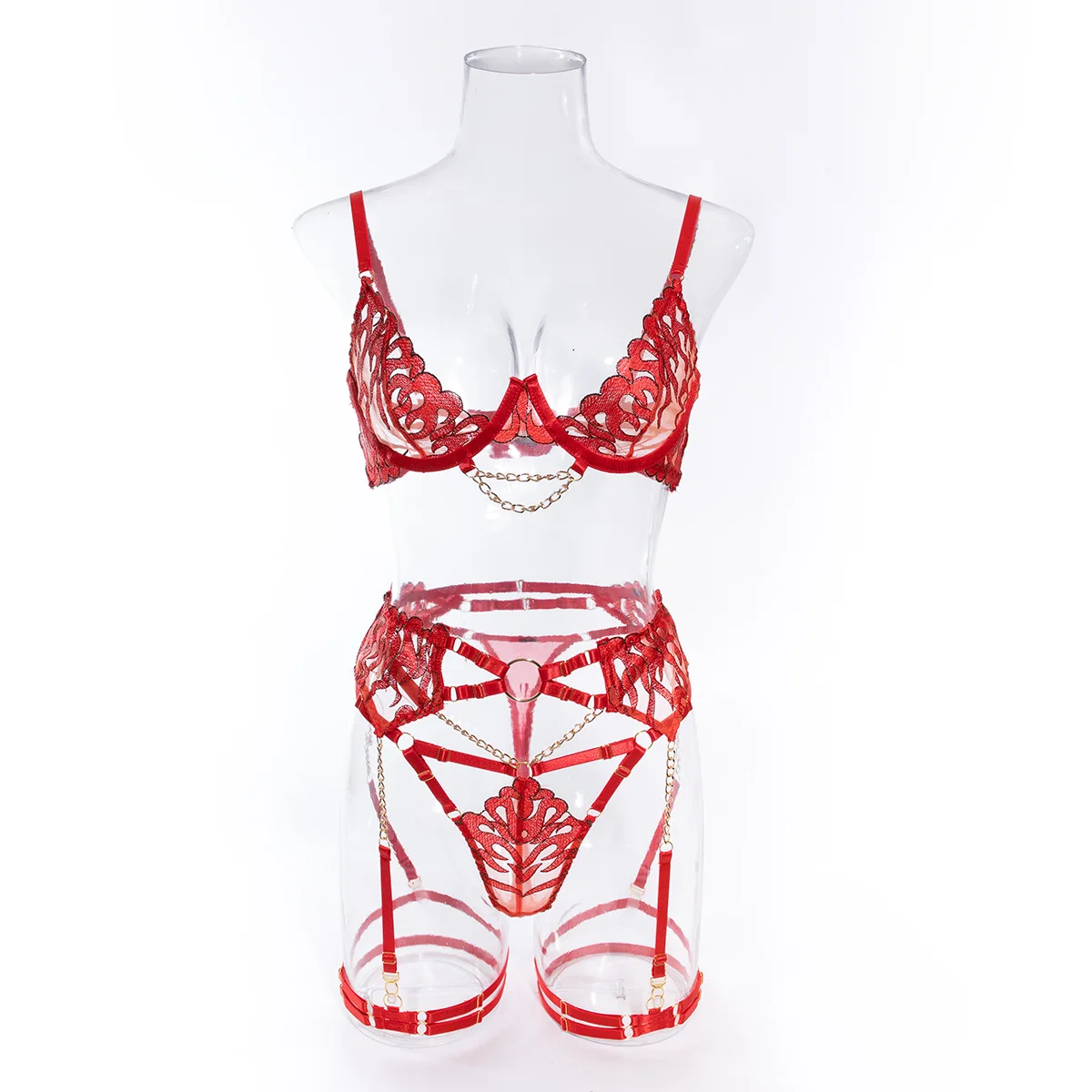 Valentine's Day Women Red Hollow Out Metal Chain Sexy Lingerie Garter Belts  Set