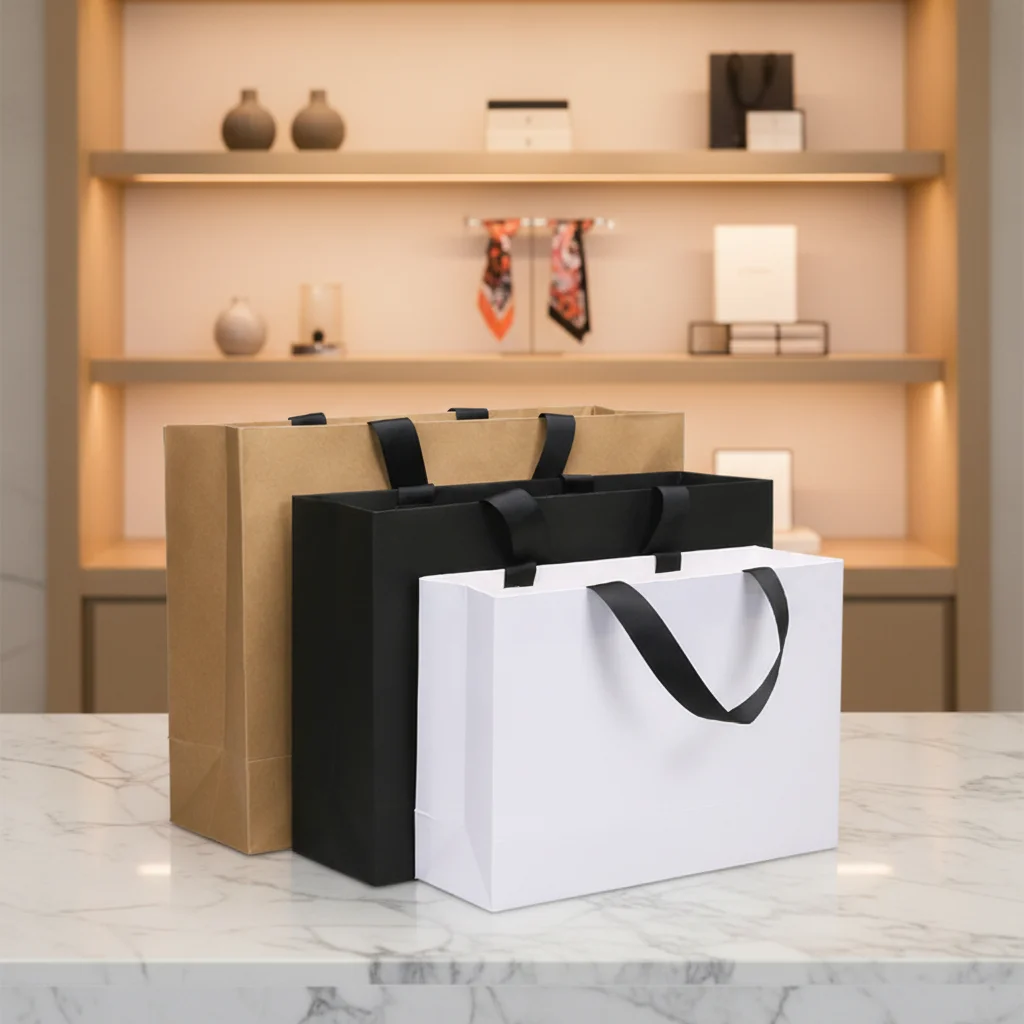 Borsa regalo di lusso in carta kraft personalizzata in fabbrica, con stampa personalizzata, manici e nastro decorativo, in cartoncino rivestito, riciclabile, per abbigliamento con logo personalizzato