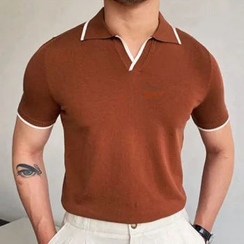 Custom Men's Short Sleeve Casual Polo Shirts Knitted Buttonless Silk T-Shirt for Men
