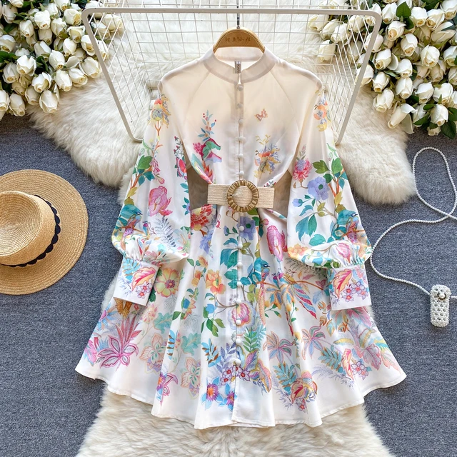 ZT1258 Vintage spring floral design sense stand collar printed bubble sleeve breasted short style dress high-end dress women