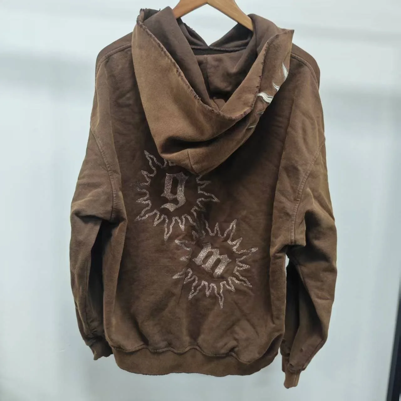 Vintage Distressed Brown Palm Tree Letter Print Men Oversized Pullover Hoodie Cut Out Sleeve Skater Street Casual Outer Top gallery 2